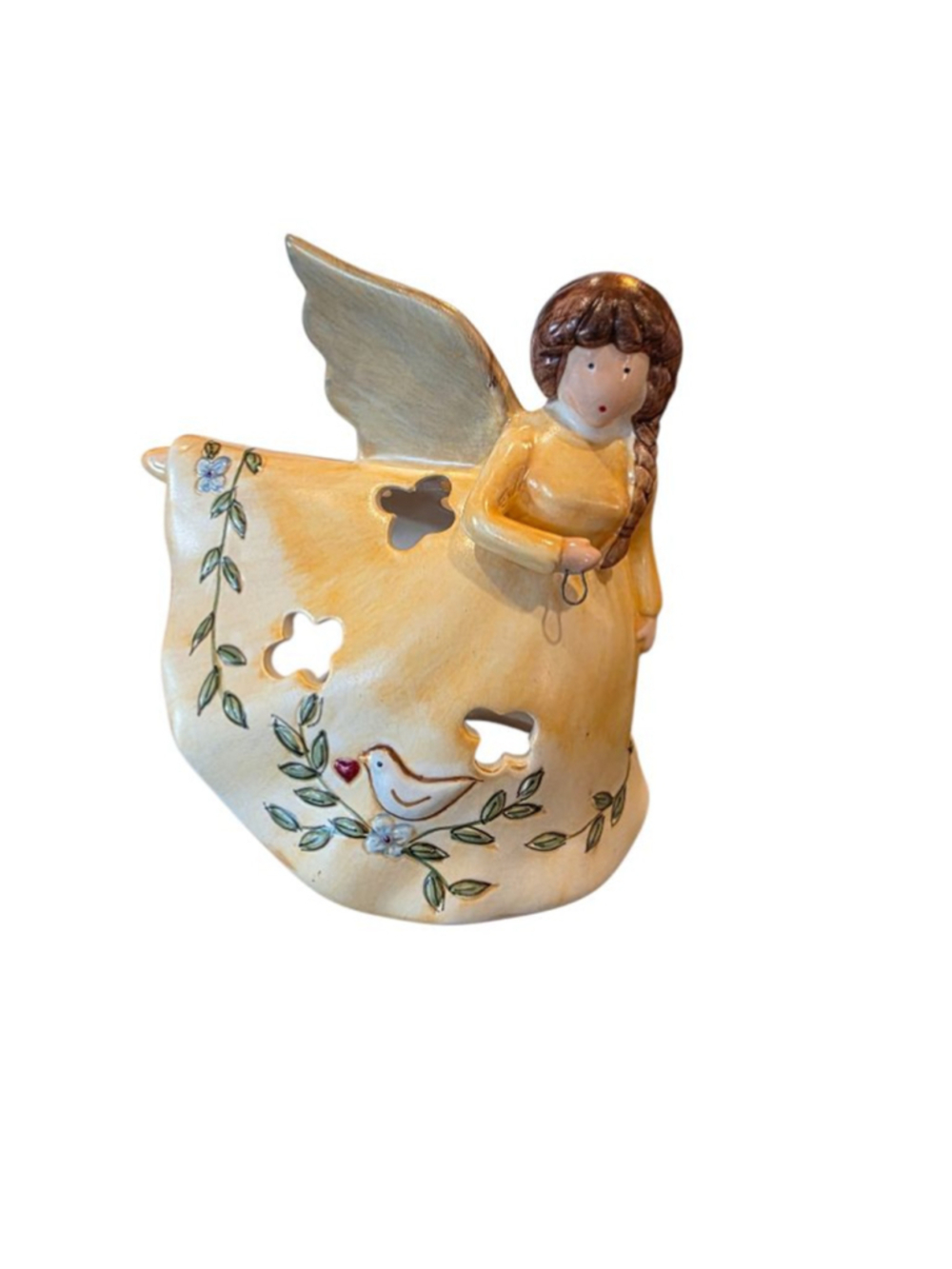 Russ Berrie Angel Fairy Lamp. Yellow Dress Flowers Birds Tea Light Christmas